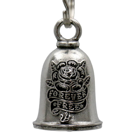 A silver motorcycle good luck bell with a key ring, featuring an engraved floral design.