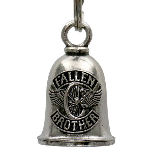 A silver-colored metal bell with the inscription 'FALLEN BROTHER' and a key ring attached.