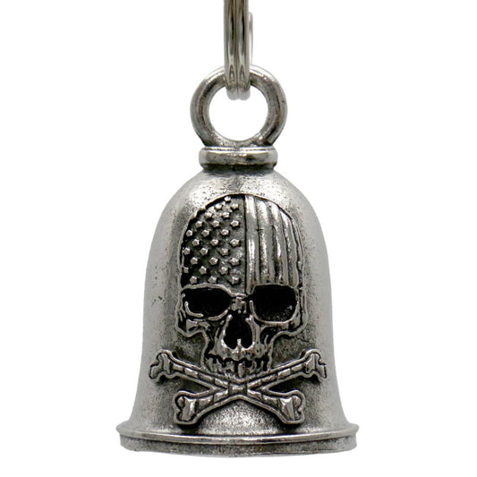 A silver motorcycle good luck bell with a skull design, attached to a key ring.