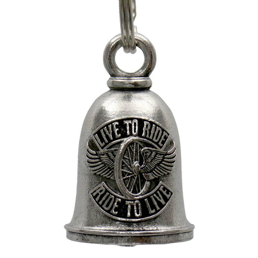A silver motorcycle good luck bell with a key ring, featuring an embossed design with the text 'LIVE TO RIDE, RIDE TO LIVE' and a winged motif.