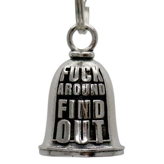A silver-colored metal bell with the phrase 'F*** Around FIND OUT' engraved on it, designed to be attached to a motorcycle as a keychain accessory.
