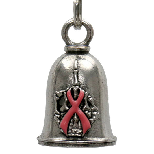 A silver motorcycle good luck bell with a red ribbon design, attached to a split ring, against a white background.