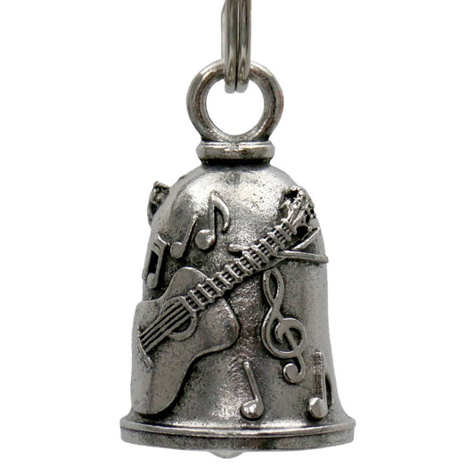 A silver motorcycle good luck bell with a key ring, featuring a guitar design.