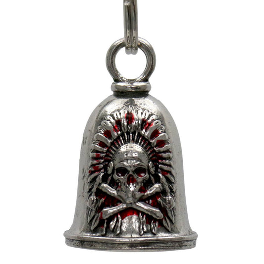 A silver motorcycle good luck bell with a key ring, featuring a decorative design with red accents.