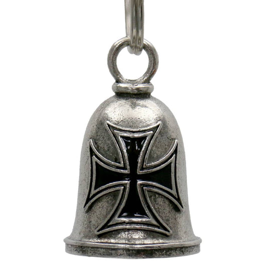 A silver-colored metal bell with an Iron Cross design, intended as a motorcycle accessory to bring good luck and ward off bad spirits according to legend.