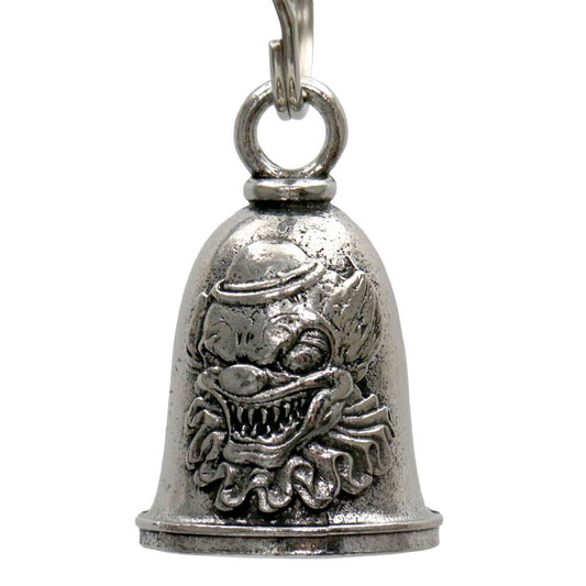 A silver-colored metal bell with a clown design, intended as a motorcycle accessory to bring good luck.