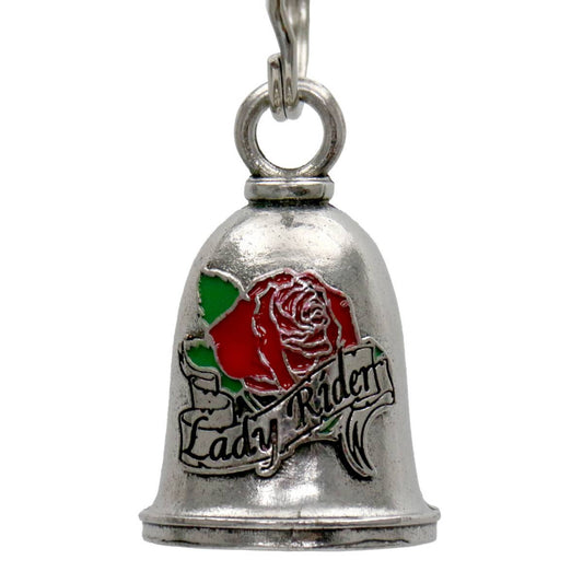 A silver motorcycle good luck bell with a red rose design and the text 'Lady Rider'. It includes a key ring and is made of metal.