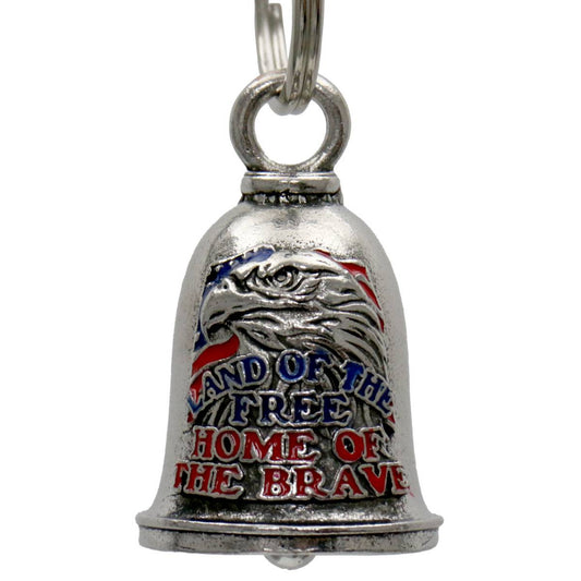 A silver motorcycle good luck bell with a key ring, featuring an eagle and the words 'Land of the Free, Home of the Brave'.