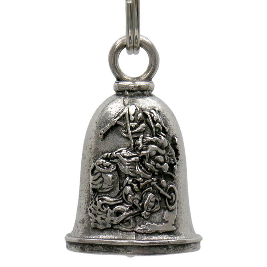 A silver-colored metal bell with an engraved leprechaun design, includes a key ring attachment.