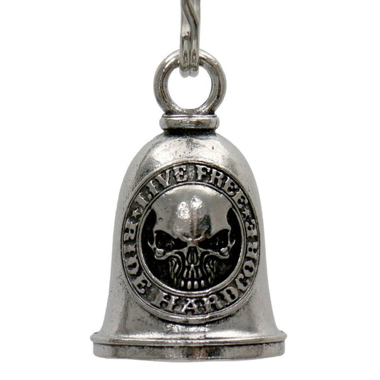 A silver motorcycle good luck bell with a key ring, featuring a skull design and the text 'LIVE FREE OR HARDCORE'.
