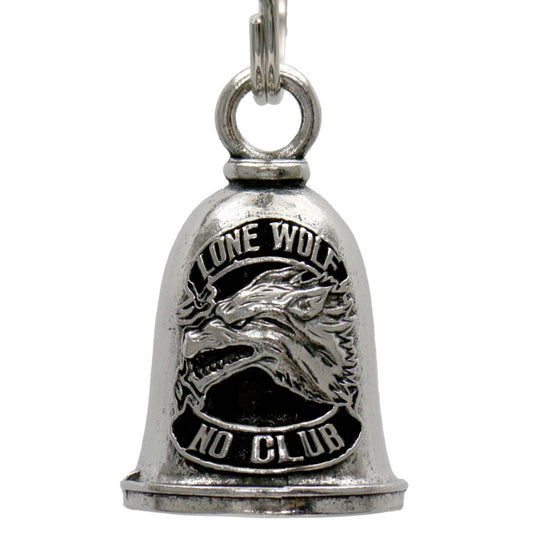 A silver motorcycle good luck bell with a key ring, featuring a wolf design and the text 'LONE WOLF – NO CLUB'.