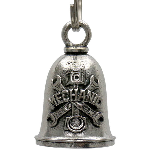 A silver-colored metal bell with a key ring, featuring an embossed mechanical design, intended as a motorcycle accessory.