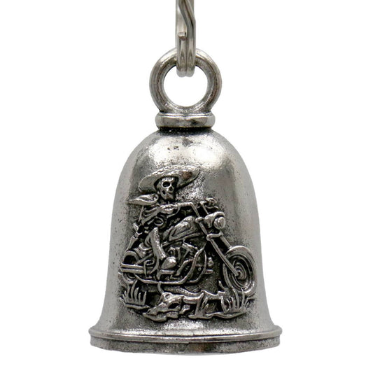 A silver-colored metal bell with a key ring, featuring an embossed design of a motorcycle and rider.