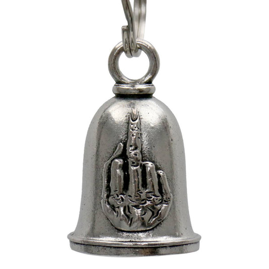 A silver-colored metal motorcycle good luck bell with a key ring, featuring a decorative design with a raised Middle Finger motif.
