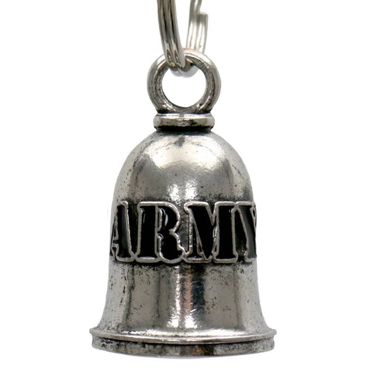 A silver-colored metal bell with the word 'ARMY' embossed on it, attached to a key ring.