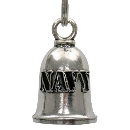 A silver-colored metal bell with the text 'NAVY' engraved on it, designed as a motorcycle accessory with a key ring.