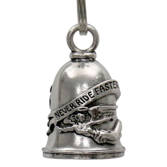 A silver-colored metal motorcycle bell with a key ring, featuring an embossed design including a winged figure and the phrase 'NEVER RIDE FASTER'.