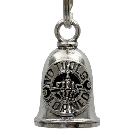A silver-colored metal motorcycle good luck bell with the inscription 'NO TOOLS LOANED' and a key ring attached.