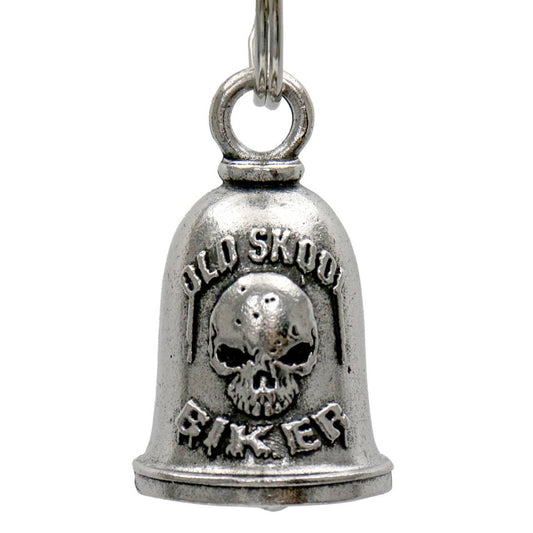A silver-colored metal motorcycle good luck bell with a skull design and the text 'OLD SKOOL BIKER'. It has a loop at the top for hanging and a key ring attached.