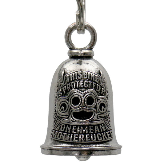 A silver motorcycle good luck bell with a key ring, featuring embossed text and a stylized face design on the front.