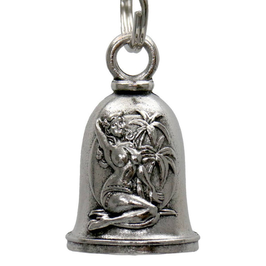A silver-colored metal bell with a key ring, featuring an engraved design of a pin-up motorcycle and road elements.