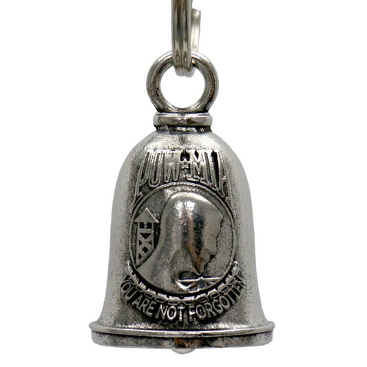 A silver-colored metal motorcycle good luck bell with a key ring, featuring embossed text and design.