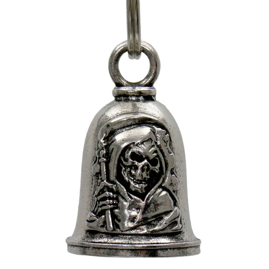 A pewter motorcycle good luck bell with a key ring, featuring a decorative design with a figure of a reaper.