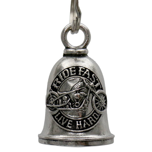 A silver motorcycle good luck bell with the inscription 'RIDE FAST LIVE HARD' and a key ring attached.