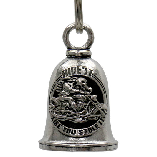 A silver-colored metal motorcycle bell with a key ring, featuring an embossed design with text and a graphic motif.