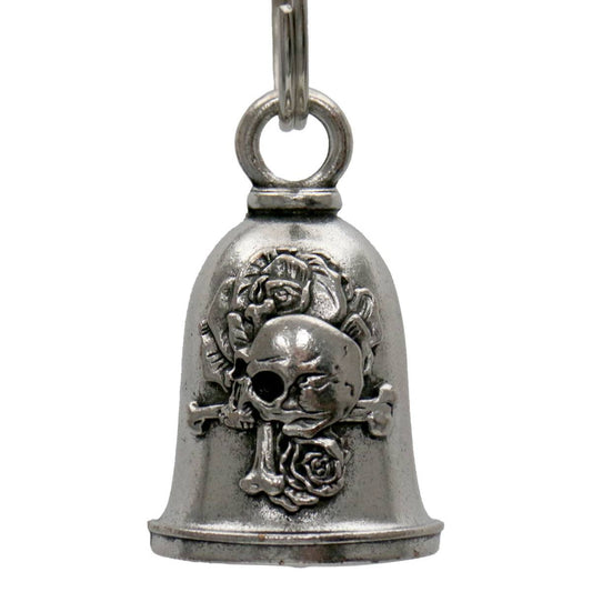 A silver motorcycle good luck bell with a skull and roses design, complete with a key ring.