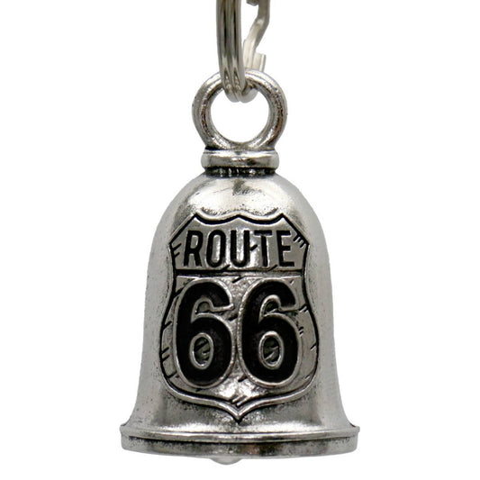 A silver-colored metal bell with the Route 66 emblem, attached to a split ring, against a white background.
