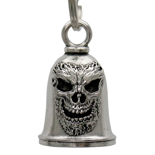 A silver motorcycle good luck bell with a decorative skull design, complete with a key ring.