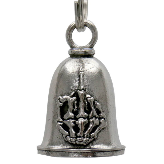 A silver-colored metal motorcycle good luck bell with a key ring, featuring a decorative design with a central skull and crossbones motif.
