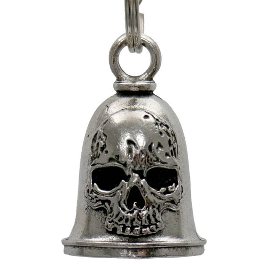 A silver-colored metal bell with a skull design, intended as a motorcycle accessory, including a key ring.