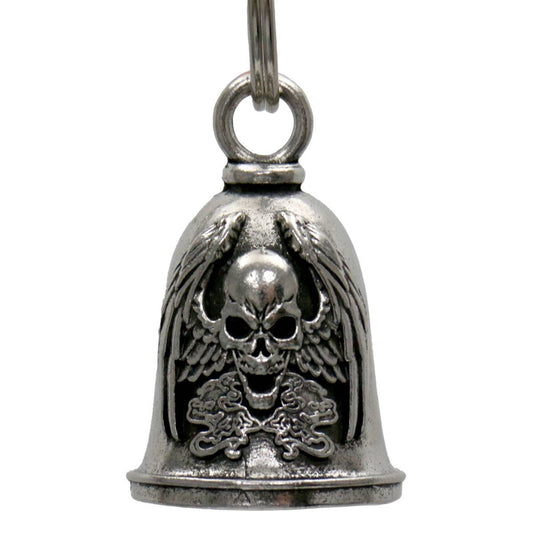 A silver motorcycle good luck bell with a skull design, complete with a key ring.