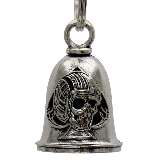 A silver motorcycle good luck bell with a spade and skull design, attached to a key ring.