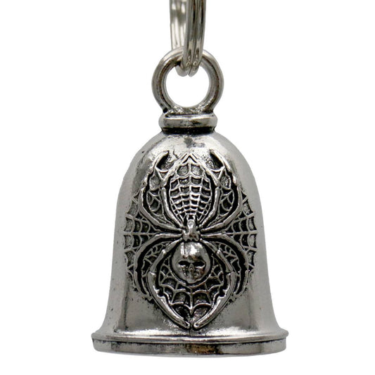 A silver-colored metal bell with a spider design, intended as a motorcycle accessory to bring good luck and ward off evil road spirits.