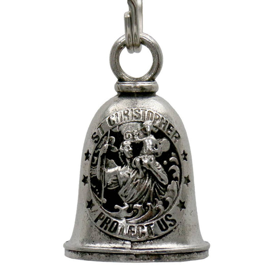 A silver-colored metal bell with a key ring, featuring an engraved design of St. Christopher and the text 'PROTECT US', intended as a motorcycle accessory.
