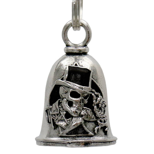 A silver motorcycle good luck bell with a decorative design featuring a skull wearing a top hat. It includes a split ring for installation or use as a keychain.