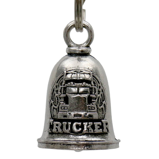 A silver-colored metal bell with the word 'TRUCKER' engraved on it, featuring a key ring, against a white background.