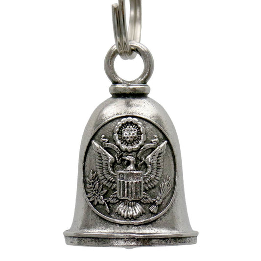 A silver-colored metal motorcycle good luck bell with a key ring, featuring an embossed design of the US SEAL emblem.
