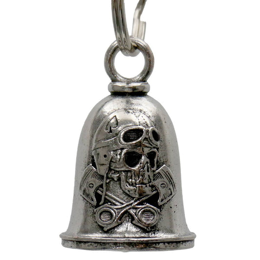 A silver motorcycle good luck bell with a skull design, complete with a key ring.