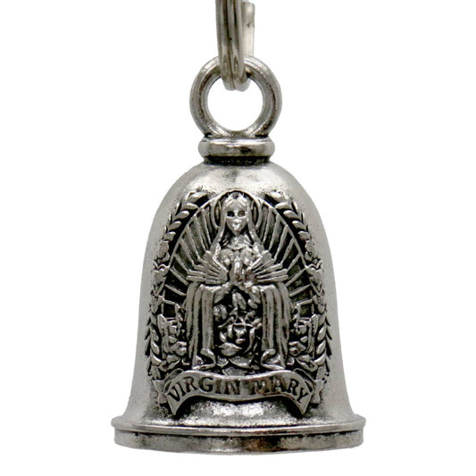 A silver-colored metal bell with a key ring, featuring an embossed design of the Virgin Mary, intended as a motorcycle accessory.