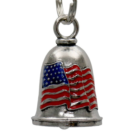 A silver motorcycle bell with a red, white, and blue American flag design on it, attached to a key ring.