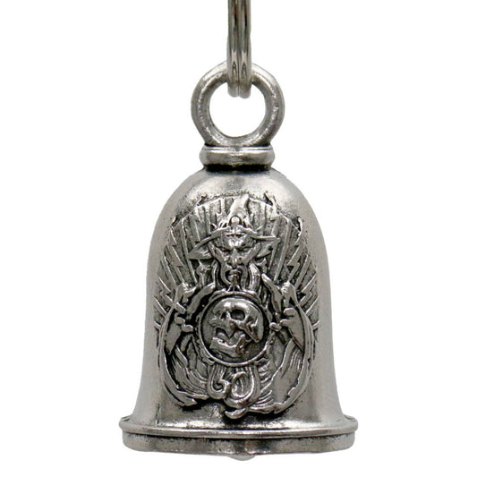 A silver-colored metal motorcycle good luck bell with a key ring, featuring an embossed design.