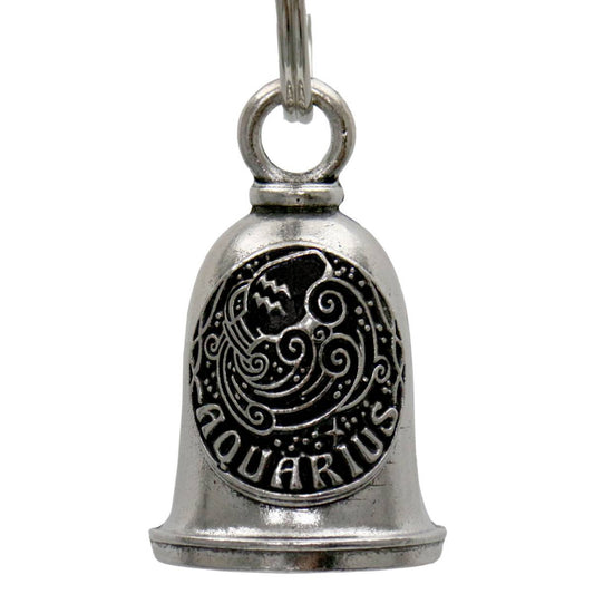 A silver-colored metal bell with an Aquarius zodiac design, intended as a motorcycle accessory to bring good luck.