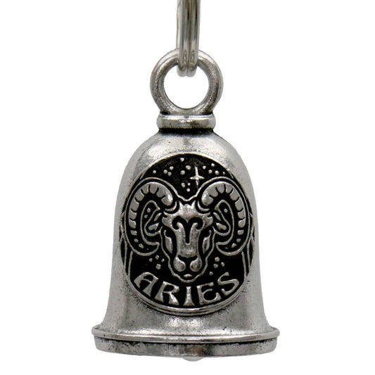 A silver-colored metal motorcycle bell with a key ring, featuring an embossed Aries constellation design.