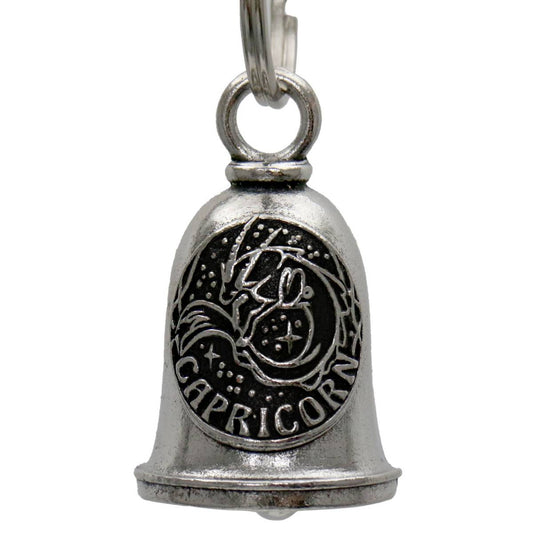 A silver motorcycle good luck bell with a key ring, featuring a Capricorn zodiac sign design.