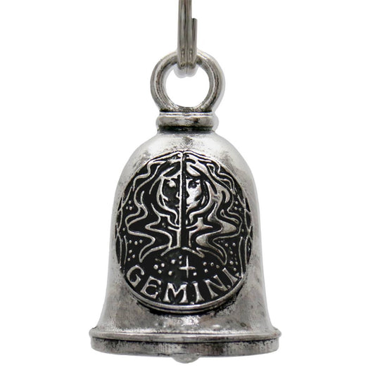 A silver-colored metal bell with a key ring, featuring Gemini zodiac symbol Engraved on it.