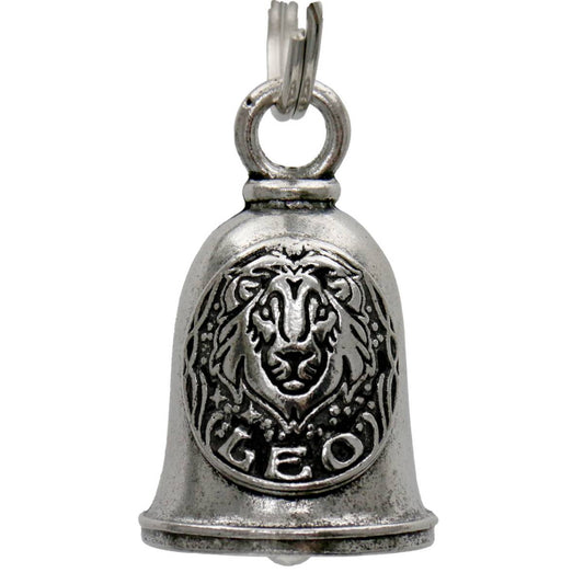 A silver-colored metal bell with a lion's face design, intended as a motorcycle accessory to bring good luck.